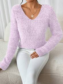 1 件女式露肩毛衣，时尚宽松 V 领柔软针织套头衫，女士百搭毛衣 - 淡紫色 - 查看 6