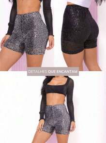 Short Femenino De Lentejuelas Brillantes, Estilo De Moda De Bloguera Para Fiesta / Noche, Estilo De Lujo - Gris - Ver 8