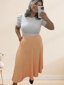 Women's Tailored Midi Skirt Evase Sensorial With Elegant Pocket - 鮭魚 - 查看 2