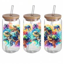 Sea Turtle 4pcs UV DTF Stickers - Waterproof & Scratch-Resistant, Self-Adhesive Decals For Glasses & Bottles, High-Quality 3D Crystal Design, 4.3"X9.4