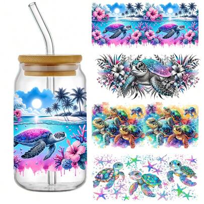 Sea Turtle 4pcs UV DTF Stickers - Waterproof & Scratch-Resistant, Self-Adhesive Decals For Glasses & Bottles, High-Quality 3D Crystal Design, 4.3"X9.4