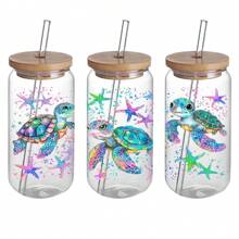 Sea Turtle 4pcs UV DTF Stickers - Waterproof & Scratch-Resistant, Self-Adhesive Decals For Glasses & Bottles, High-Quality 3D Crystal Design, 4.3"X9.4