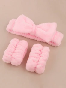 纯色沐浴 1 件头带/2 件沐浴腕带/3 件头带 + 腕带，创意涤纶浴室面部化妆品，三种尺寸单独出售 - 粉色 - 查看 7