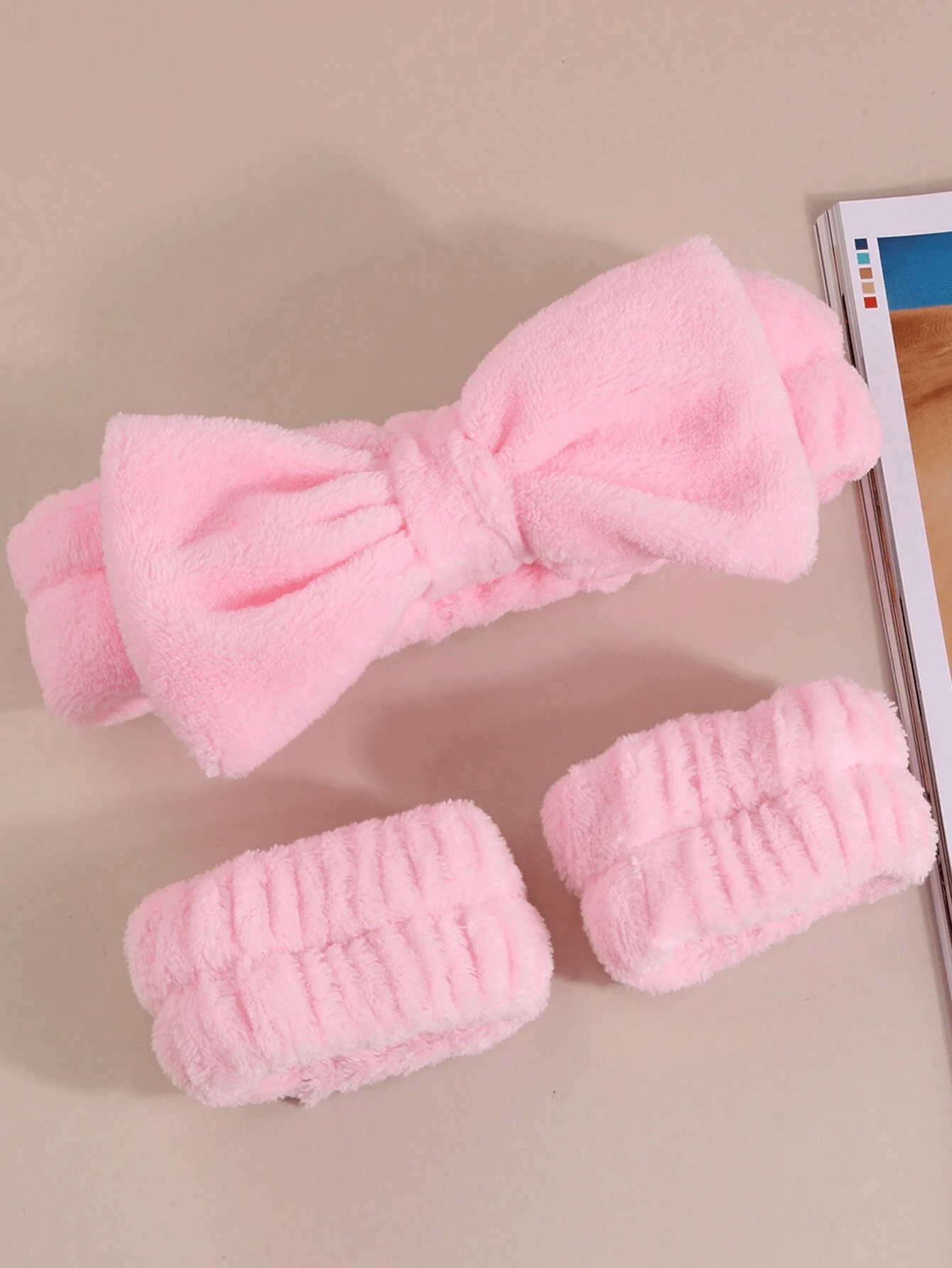 纯色沐浴 1 件头带/2 件沐浴腕带/3 件头带 + 腕带，创意涤纶浴室面部化妆品，三种尺寸单独出售 - 粉色 - 查看 1