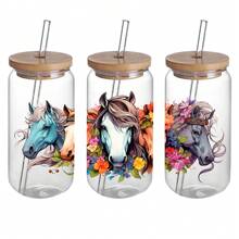 4 pakketten Paard en Bloemen UV DTF Beker Decal Transfer Waterdichte Zelfklevende Stickers Voor Tumblers, Waterflessen, Woondecoratie - DTF Transfer Stickers Voor 16 Oz Glazen Pot Verpakking, 3D Kristallen Etiketten Krasbestendig, Modieuze DIY Decal Ambachten Voor Vrouwen - Hoge Kwaliteit, Kunststof Materiaal (4.33x9.45 Inch)