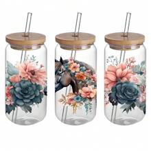 4 pakketten Paard en Bloemen UV DTF Beker Decal Transfer Waterdichte Zelfklevende Stickers Voor Tumblers, Waterflessen, Woondecoratie - DTF Transfer Stickers Voor 16 Oz Glazen Pot Verpakking, 3D Kristallen Etiketten Krasbestendig, Modieuze DIY Decal Ambachten Voor Vrouwen - Hoge Kwaliteit, Kunststof Materiaal (4.33x9.45 Inch)