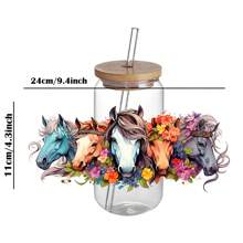 4 pakketten Paard en Bloemen UV DTF Beker Decal Transfer Waterdichte Zelfklevende Stickers Voor Tumblers, Waterflessen, Woondecoratie - DTF Transfer Stickers Voor 16 Oz Glazen Pot Verpakking, 3D Kristallen Etiketten Krasbestendig, Modieuze DIY Decal Ambachten Voor Vrouwen - Hoge Kwaliteit, Kunststof Materiaal (4.33x9.45 Inch)