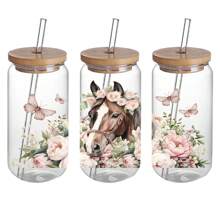 4 pakketten Paard en Bloemen UV DTF Beker Decal Transfer Waterdichte Zelfklevende Stickers Voor Tumblers, Waterflessen, Woondecoratie - DTF Transfer Stickers Voor 16 Oz Glazen Pot Verpakking, 3D Kristallen Etiketten Krasbestendig, Modieuze DIY Decal Ambachten Voor Vrouwen - Hoge Kwaliteit, Kunststof Materiaal (4.33x9.45 Inch)