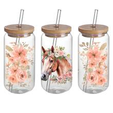 4 pakketten Paard en Bloemen UV DTF Beker Decal Transfer Waterdichte Zelfklevende Stickers Voor Tumblers, Waterflessen, Woondecoratie - DTF Transfer Stickers Voor 16 Oz Glazen Pot Verpakking, 3D Kristallen Etiketten Krasbestendig, Modieuze DIY Decal Ambachten Voor Vrouwen - Hoge Kwaliteit, Kunststof Materiaal (4.33x9.45 Inch)