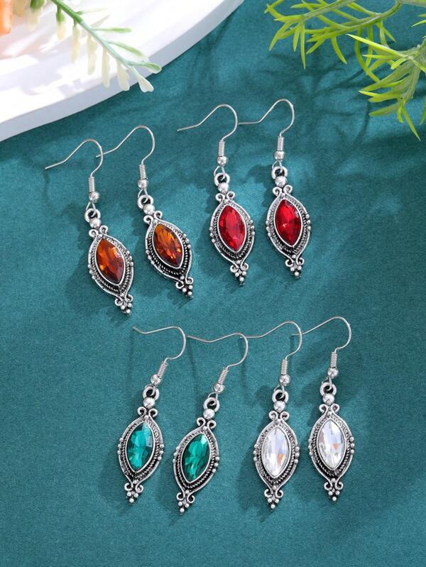 Pendientes de diamante incrustados con diseño en forma de rombo de vidrio rubí vintage elegante, aretes minimalistas aptos para uso diario y fiestas de las mujeres, pendientes de moda