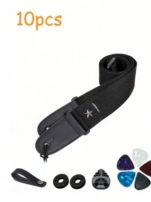 10pcs Guitar Strap With Pick Holder Star Shoulder Straps Adjustable Leather Ends,Include 5 Guitar Picks And 1 Hold And 2 Washers