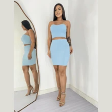 Women's Strapless Cropped Anarruga Set With Shorts Skirt - Màu xanh nhạt - Xem 4