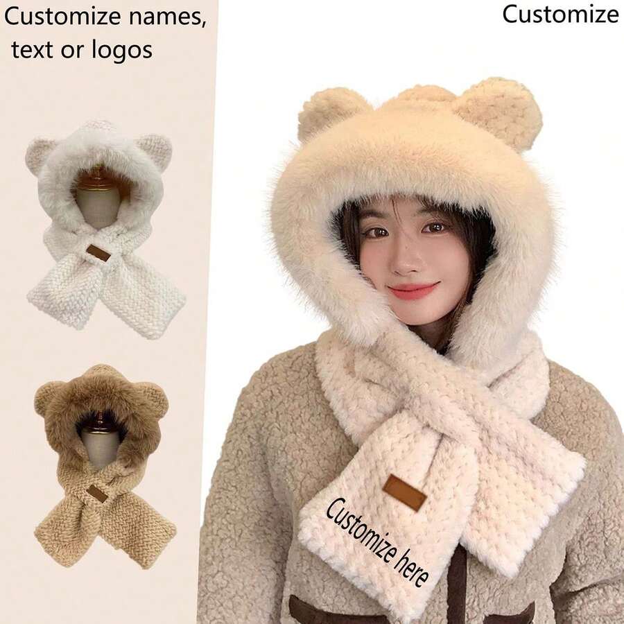 1 件个性化毛绒帽子带围巾，时尚波浪图案厚保暖帽，女士礼物