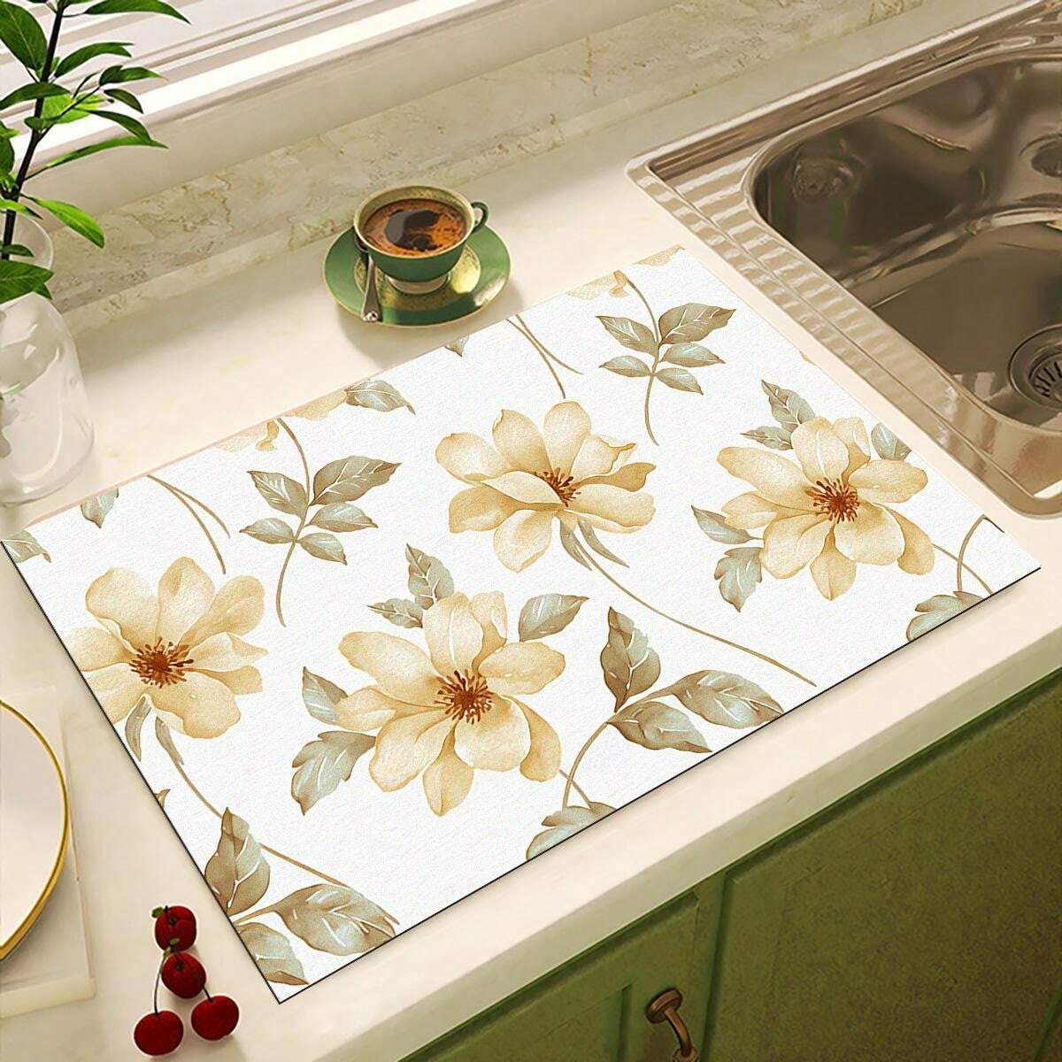 1pc Home Decor, Dishwashing Mat, Floral Drain Mat, Fresh Style, Coffee