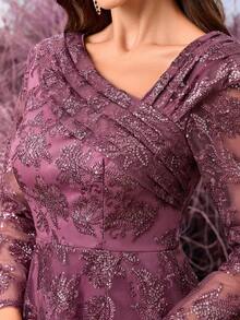 SUPGIR Abito da sera elegante con scollo a V, cielo stellato viola, in rete con ricami di paillettes, maniche lunghe, abito da ballo da cerimonia, adatto per invitati a matrimoni, lauree, cene - Viola rosso - Visualizzare 7