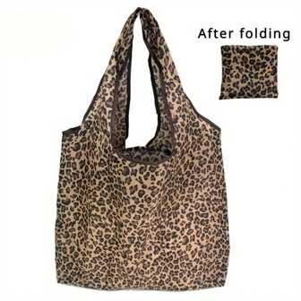 1pc Leopard Print Large Capacity Foldable Shopping Bag - Durable Polyester, Reusable And Portable, Suitable For Groceries, Clothes Storage, Travel And Gift Shopping, Reusable And Foldable Tote Bag