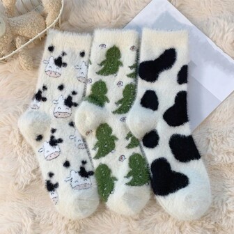 3 Pairs Of Women's Cartoon Cow Print Waterproof Fluffy Thick Warm Cute Mid-Calf Socks, Suitable For Autumn/Winter Warmth And Indoor/Sleepwear Use, Cozy