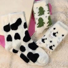 3 Pairs Of Women's Cartoon Cow Print Waterproof Fluffy Thick Warm Cute Mid-Calf Socks, Suitable For Autumn/Winter Warmth And Indoor/Sleepwear Use, Cozy - Multicolor - View 2