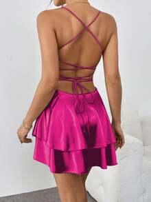 1 pieza Vestido elegante de satén con escote halter sin espalda y plisados, adecuado para bar, fiesta, hogar - Rosa Fucsia - Ver 2