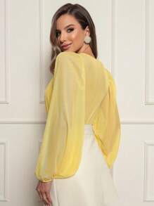 Women's Tulle Bodysuit Long Sleeve Wrapped V-Neck Fashion Blogger - 黃色 - 查看 2