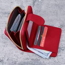 2023跨境新品短款钱包女式复古蜡皮零钱包带扣小手拿包女士钱包钱夹小钱包 - 酒紅色 - 查看 2