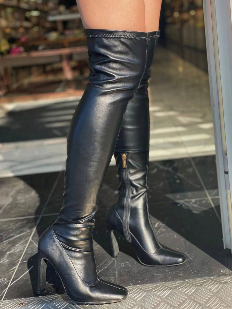 时尚百搭女士黑色PU皮革过膝高跟靴