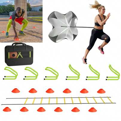 LILIIN fotbollsträningsset träningstillbehör, träningsstege 5m, 6 justerbara häckar, 12 koner, motståndsfallskärm, förvaringsväska, fotbollstränare för barn och vuxna
