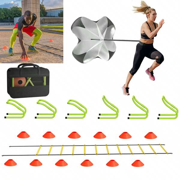 LILIIN Fußball Trainingsset Trainingszubehör, Trainingsleiter 5m, 6 verstellbare Hürden, 12 Kegel, Widerstand Fallschirm, Aufbewahrungstasche, Fußball Kick Trainer für Kinder und Erwachsene