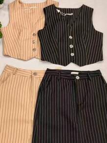 Elegant Women's Striped Tailored Set 3-Button Vest And Long Skirt - màu đen - Xem 2