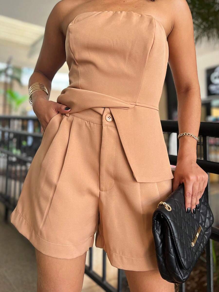 Women's Set With Strapless Crop Top And Tailored Fabric Shorts - 杏色 - 查看 1