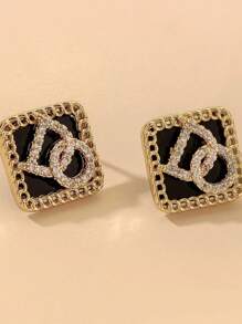 1 对欧美时尚经典钻石形方形耳环，女士水钻字母耳饰 - 金黃色 - 查看 6