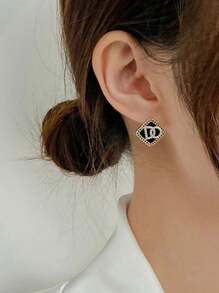 1 对欧美时尚经典钻石形方形耳环，女士水钻字母耳饰 - 金黃色 - 查看 5