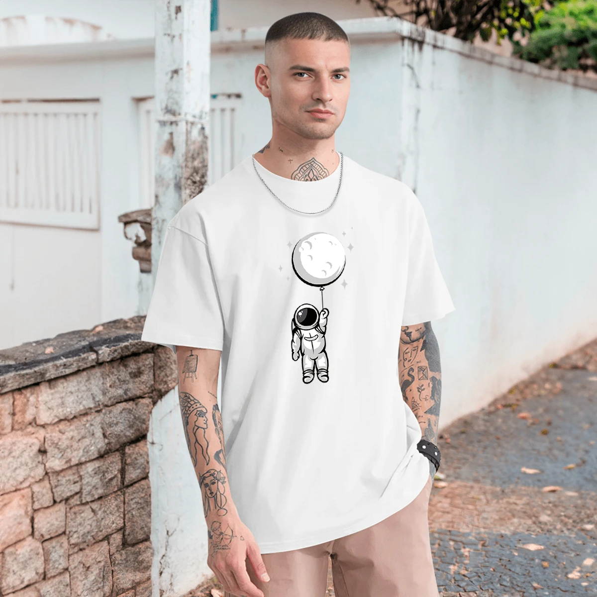 Astronaut Moon Balloon T-Shirt Galaxy Planets T Shirt Space 100% Cotton - 白色 - 查看 1