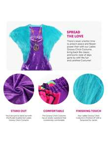 I LOVE FANCY DRESS Ladies Groovy Hippie Costume Flower Power 5pc Outfit Top, Furry Jacket, Purple Flares, Peace Necklace, Beads And Headscarf Floral Pattern Five Piece Set 60s 70s Fancy Dress - Blue/Purple - View 3