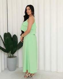 Women's Cropped Set With 2 Ruffles And Long Skirt - màu xanh lá - Xem 1