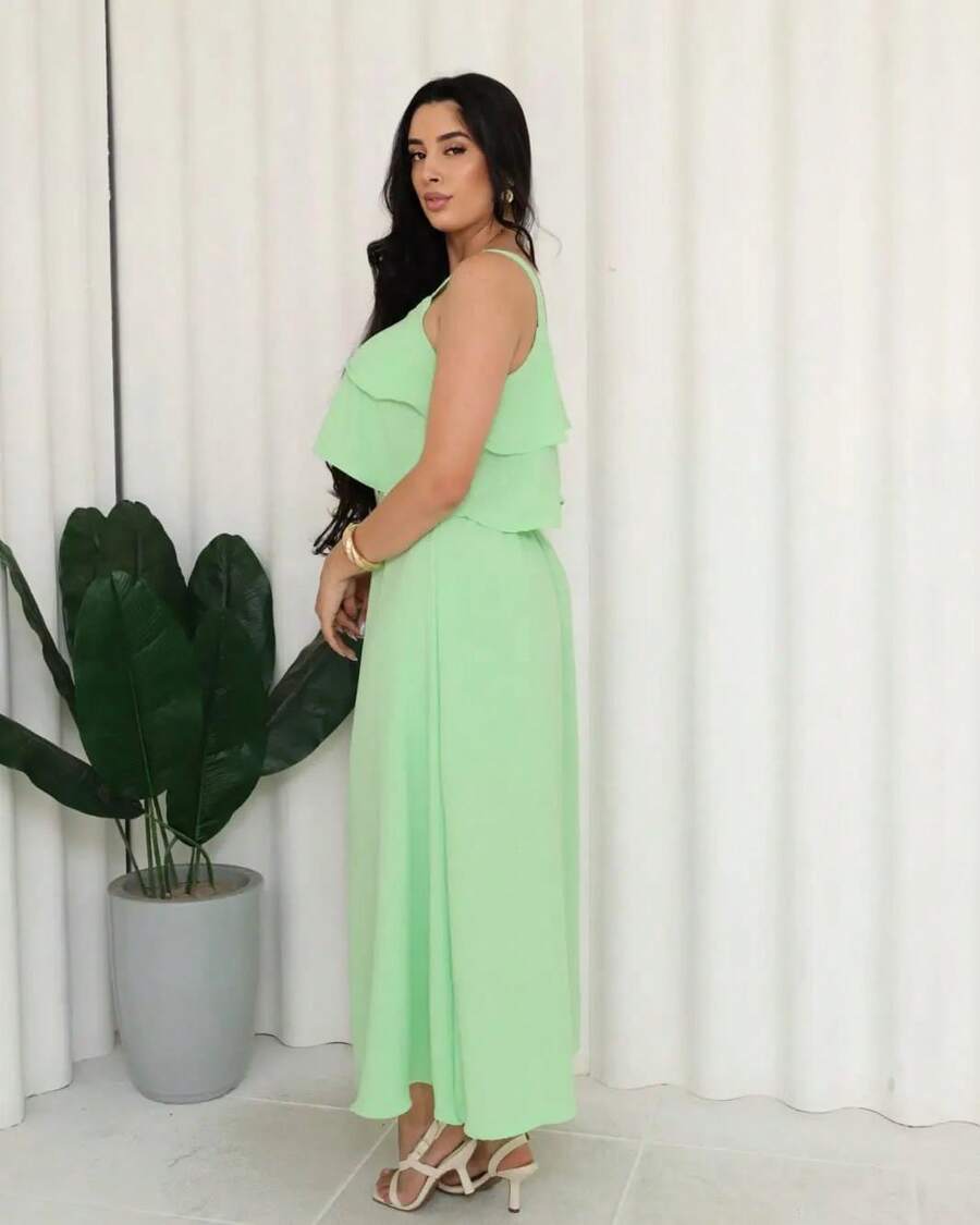 Women's Cropped Set With 2 Ruffles And Long Skirt - màu xanh lá - Xem 1