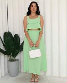 Women's Cropped Set With 2 Ruffles And Long Skirt - màu xanh lá - Xem 3