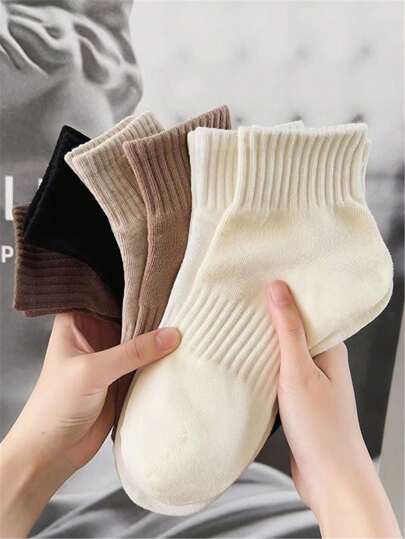 6 par kvinnor höst/vinter Nya Casual Enfärgade korta strumpor, bekväma mjuka, snygga, mångsidiga för studenter, naturstil och sportstil, halkfri