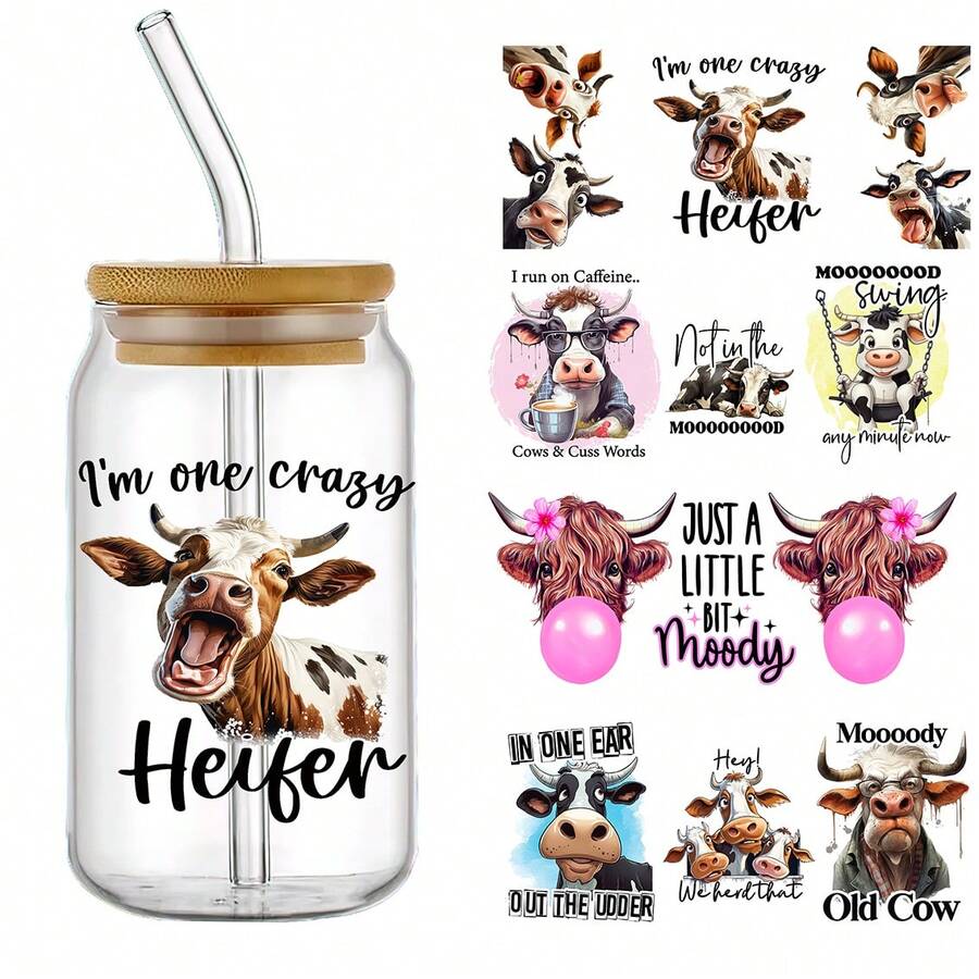 4pcs/Set Funny Cows UV DTF Cup Wraps Decals Transfer Printing Waterproof Self-Adhesive Stickers For Mug Water Bottle Cup Useful Sticker For Home Decoration, 16 OZ Glass Can Wrap, 3d Crystal Label Waterproof And Scratch Resistant Eid Al-Adha Mubarak - Multicolor - View 1