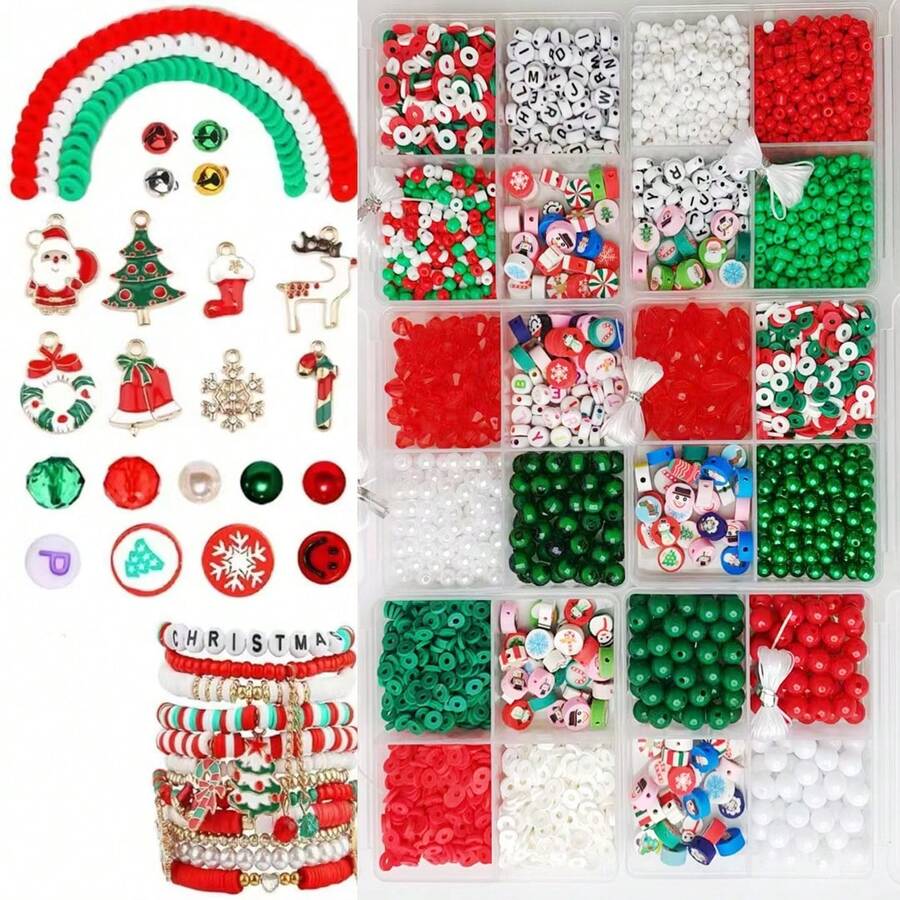 圣诞节 4 隔层串珠套装，包括软粘土、米珠、字母珠，适合 DIY 手链首饰制作