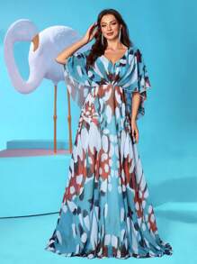 SUPGIR [In hoa cắt ngẫu nhiên] Tay áo bướm màu nước in chi tiết ngực xếp nếp Váy voan thanh lịch - Màu xanh lam - Xem 3