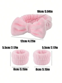 纯色沐浴 1 件头带/2 件沐浴腕带/3 件头带 + 腕带，创意涤纶浴室面部化妆品，三种尺寸单独出售 - 粉色 - 查看 2