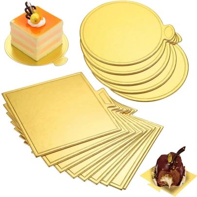 50/100pcs Golden Mini Cardboard Cake Base, Mousse Dessert Board Base, Disposable Paperboard Cupcake Boards, For Wedding Birthday Party Dessert Displays Tray Pastry Plates - Assorted Sizes (Round Rectangle Square) Back To School Valentine's Day