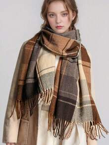 1 chiếc khăn choàng cổ cashmere giả dày thanh lịch cổ điển dành cho nữ, khăn choàng tua rua ấm áp và chống gió, phù hợp cho mọi dịp đông thu - Cà phê nâu - Xem 5