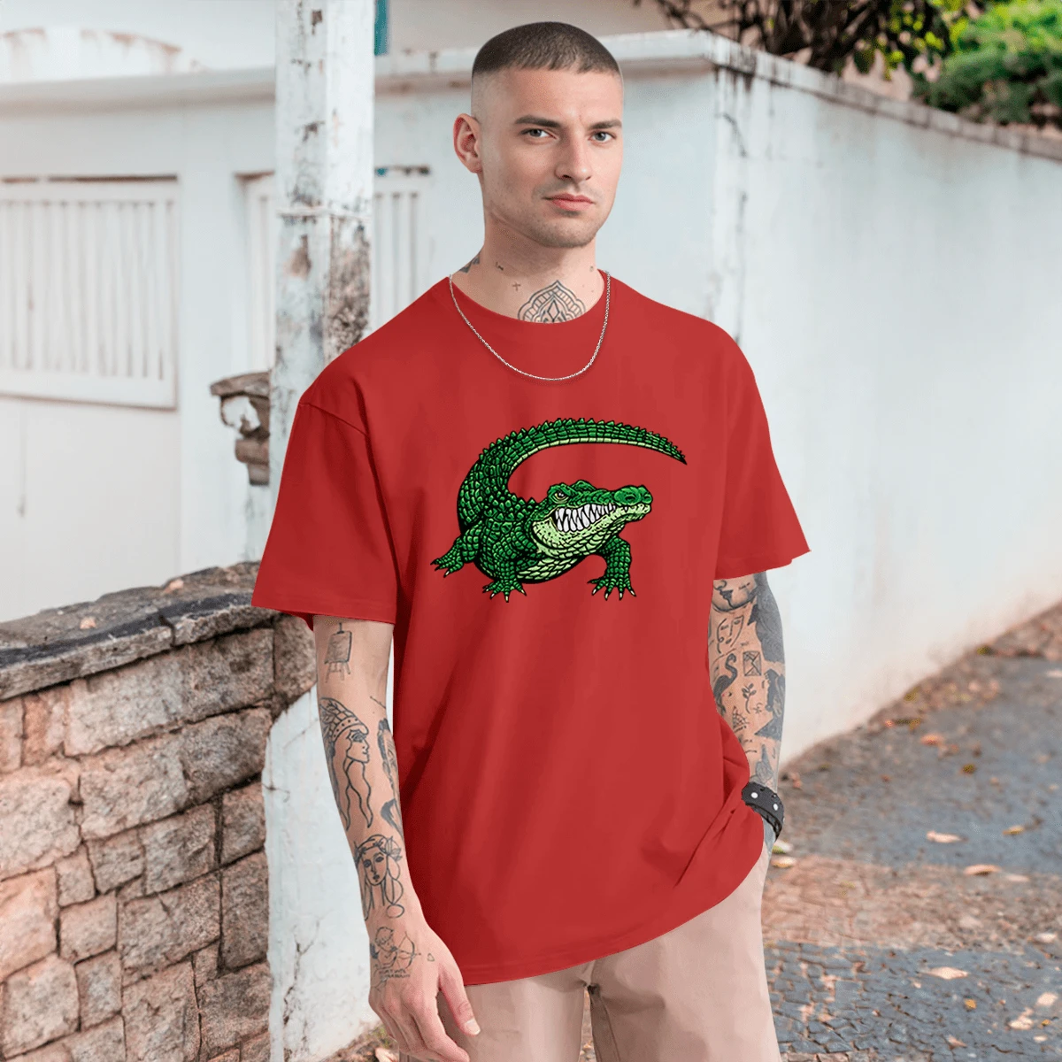 Alligator Crocodile T-Shirt Oversized Round Neck Short Sleeve 100% Cotton - 紅色 - 查看 1