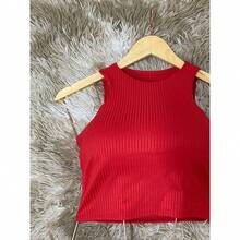 Cropped Shirt Blouse With Padded Cup Women's Ribbed Top Foreign Fashion Blogger - 紅色 - 查看 3