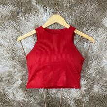 Cropped Shirt Blouse With Padded Cup Women's Ribbed Top Foreign Fashion Blogger - 紅色 - 查看 1