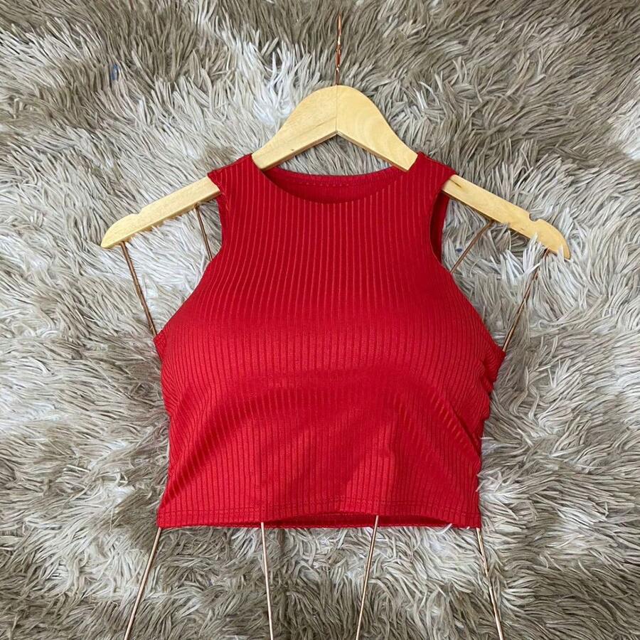 Cropped Shirt Blouse With Padded Cup Women's Ribbed Top Foreign Fashion Blogger - 紅色 - 查看 1