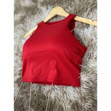 Cropped Shirt Blouse With Padded Cup Women's Ribbed Top Foreign Fashion Blogger - 紅色 - 查看 2