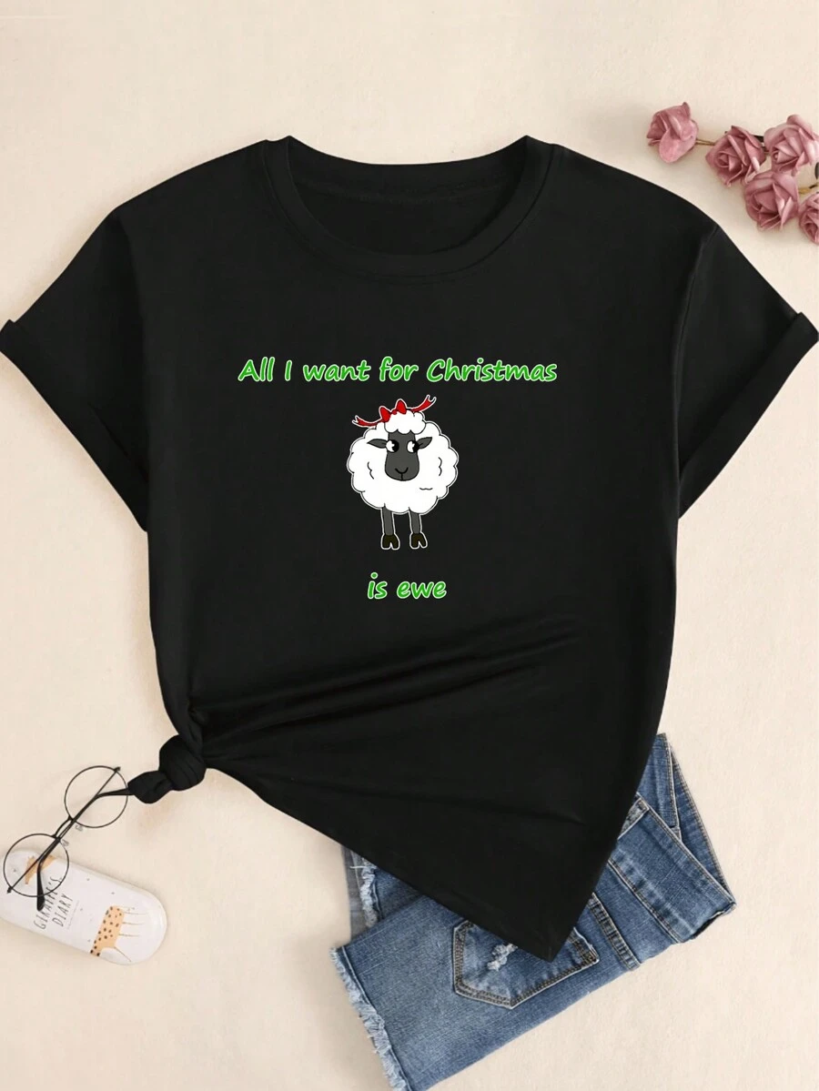 All I Want For Christmas Is Ewe Printed T-Shirt Streetwear Comfortable Women's Top - 黑色 - 查看 1